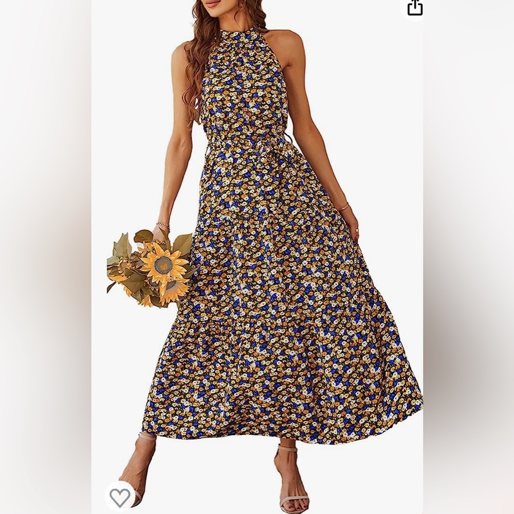 Women’s Floral Sleeveless Halter Neck Flowy Ruffle Maxi Dress, Sz SMALL